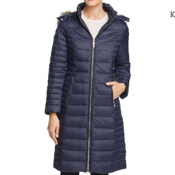 kate spade Faux Fur Trim Hooded Puffer Coat jacket deep navy size xs nwot - Picture 4 of 13